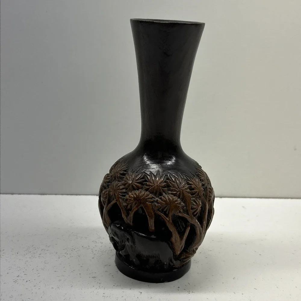 Vintage Teak Wood Hand Carved‎ Laquered 3D Elephant Vase 8